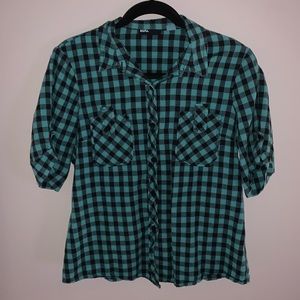 Teal and black plaid button down